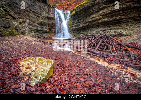 La cascade dans la forêt de Rautal à Burschenplatz en hiver, Iéna, Thuringe, Allemagne Banque D'Images