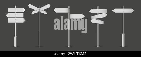 Poteau de doigt blanc. Signe directionnel, flèches d'orientation 3D sur le pôle isolé ensemble d'illustration vectorielle réaliste Illustration de Vecteur
