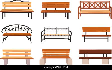 Banc de dessin animé. Bancs de parc en bois, sièges de jardin publics confortables et ensemble d'illustration vectorielle de mobilier d'extérieur Illustration de Vecteur