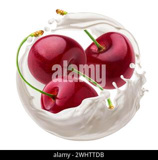 Cerise avec éclaboussure de lait rond isolé sur fond blanc Banque D'Images