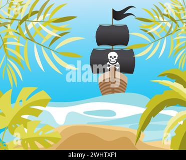 Aventure pirate. Un bateau pirate approche d'une île tropicale. Pirates fête enfants aventure. Illustration vectorielle Illustration de Vecteur