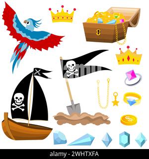 Aventure pirate. Ensemble pirate avec navire, perroquet, coffre, pelle et trésor. Pirates fête enfants aventure. Illustration vectorielle Illustration de Vecteur