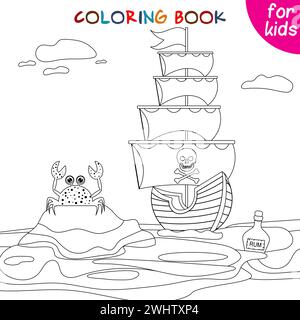 Aventure pirate. Un bateau pirate à côté d'un crabe sur une petite île. Modèle de page de livre de coloriage pour les enfants. Illustration vectorielle Illustration de Vecteur