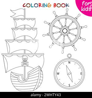 Aventure pirate. Bateau pirate, boussole et volant. Modèle de page de livre de coloriage pour les enfants. Illustration vectorielle Illustration de Vecteur