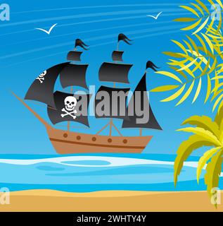 Aventure pirate. Un bateau pirate navigue le long d'une île tropicale. Pirates fête enfants aventure. Illustration vectorielle Illustration de Vecteur