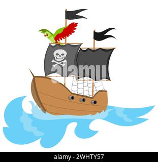 Aventure pirate. Un bateau pirate avec un perroquet navigue sur la mer. Pirates fête enfants aventure. Illustration vectorielle Illustration de Vecteur