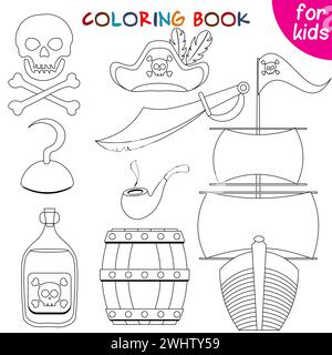 Aventure pirate. Ensemble de différents articles de pirate. Modèle de page de livre de coloriage pour les enfants. Illustration vectorielle Illustration de Vecteur