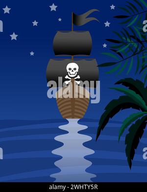 Aventure pirate. Un bateau pirate navigue la nuit près d'une île tropicale. Pirates fête enfants aventure. Illustration vectorielle Illustration de Vecteur