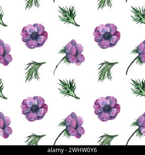 Modèle sans couture avec des fleurs d'anémone et des feuilles vertes dans des couleurs violettes vives. Illustration florale à l'aquarelle dessinée à la main. Art botanique pour tissus Banque D'Images