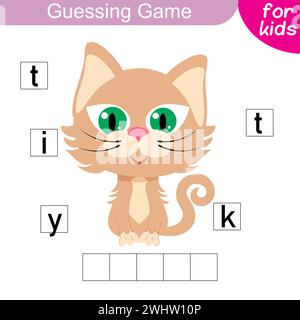 Devinez le mot. Kitty. Jeu de puzzle logique pour les enfants à apprendre des mots anglais. Développement des compétences en écriture et en lecture. Jeu éducatif pour an préscolaire Illustration de Vecteur