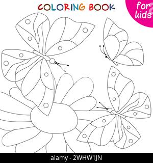 Collection papillons. Papillons et camomille. Modèle de page de livre de coloriage pour les enfants. Illustration vectorielle modifiable. Illustration de Vecteur