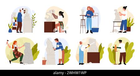 Sculpteurs ensemble de travail, artisanat et profession. Les travailleurs de personnes faisant des sculptures d'art créatif dans l'atelier, les artistes hommes et femmes travaillant avec des outils de sculpture et l'illustration vectorielle de bande dessinée en argile Illustration de Vecteur