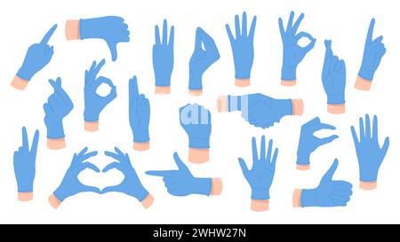 Différents gestes des mains de médecins dans un set de gants en caoutchouc bleu. Collection de langage corporel des bras dans des gants de protection pointent vers le haut et vers le bas, compter les nombres avec des doigts illustration vectorielle de dessin animé Illustration de Vecteur