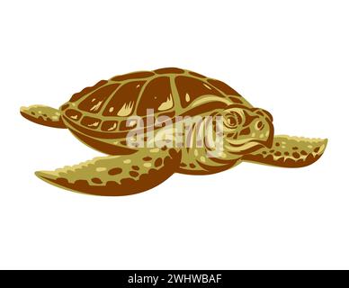 Tortue de mer Ridley de Kemp ou tortue de mer Atlantic Ridley vue de face WPA Art Banque D'Images