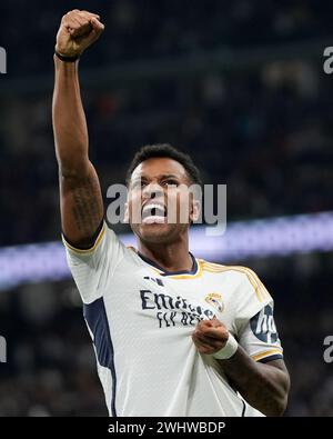 Madrid, Espagne. 10 février 2024. Rodrygo Goes du Real Madrid célèbre lors du match de Liga entre le Real Madrid et le Girona FC joué au stade Santiago Bernabeu le 10 février 2024 à Madrid, en Espagne. (Photo de Cesar Cebolla/PRESSINPHOTO) crédit : AGENCE SPORTIVE PRESSINPHOTO/Alamy Live News Banque D'Images