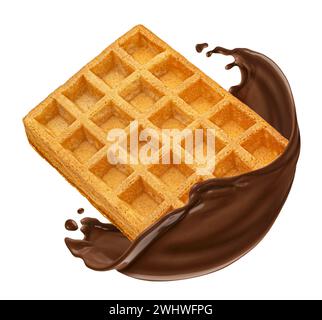 Gaufre tombant avec éclaboussure de chocolat isolé sur fond blanc Banque D'Images