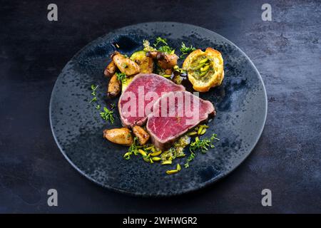 Filet de bœuf de chianina italien frit très rare avec des champignons Banque D'Images