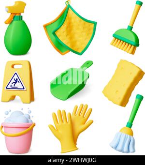 Outils de nettoyage de la maison 3D. Rendu réaliste isolé des éléments. Équipement de service de nettoyage, balai, seau et serviette. Clipart vectoriel pithy domestique Illustration de Vecteur