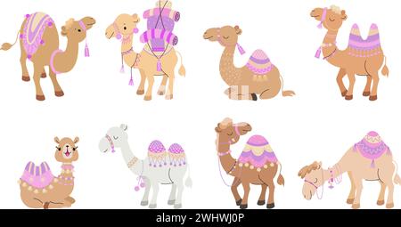 Chameaux de dessins animés. Chameau isolé, animaux du désert mignons avec des tapis décoratifs. Animal arabe, sauvage et animaux de compagnie. Enfants drôles de nos jours personnages vectoriels Illustration de Vecteur