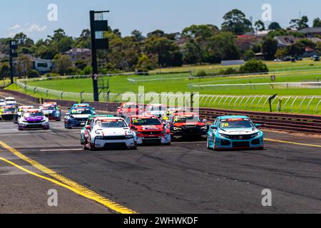 Sandown Park, Australie. 11 février 2024. Un début de course mouvementé voit Ryan Casha (#79) plonger au milieu entre les voitures sur la course vers le bas pour tourner 1 dimanche à la Shannon’s Speed Series Race Sandown Credit : James Forrester/Alamy Live News Banque D'Images