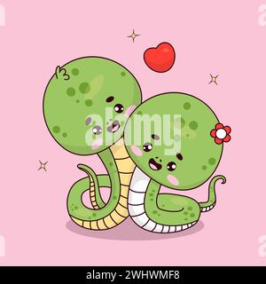 Couple serpent mignon dans l'amour. Fille et garçon reptiles romantiques avec des personnages kawaii de coeur. Illustration vectorielle Illustration de Vecteur