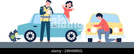 Accidents de voiture. Les conducteurs et la police routière, les voitures cassées. Officier de police de la circulation émet une amende pour accident. Conducteur de femme en choc et homme triste, scène vectorielle Illustration de Vecteur