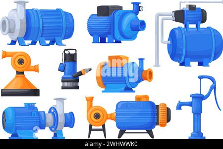Pompes de compresseur d'eau. Pièces industrielles de machines d'irrigation de pompe, équipement de système de plomberie de moteur électrique de pompage d'huile d'eaux usées pour le nettoyage des eaux usées, illustration vectorielle soignée de la pompe de compresseur Illustration de Vecteur