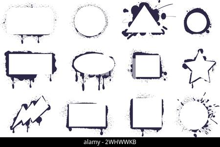 Cadres d'aérographe. Cadre de pulvérisation de pochoir, forme de cercle carré d'aérographe en détresse graffiti planche de peinture grunge boîte de texte vierge, logo abstrait d'éclaboussure de rue illustration vectorielle classe Illustration de Vecteur