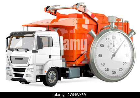 Camion à ordures avec chronomètre. Service rapide, concept. Rendu 3D isolé sur fond blanc Banque D'Images