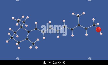 Vitamine A rétinol structure moléculaire 3D, sur fond bleu, illustration de rendu 3D. Banque D'Images