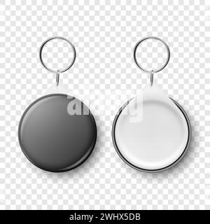 Vector 3d Realistic Black Blank Round Button badge avec Ring Holder en gros plan, isolé. Modèle de conception de badge d'identification, maquette. Modèle de conception pour accès Illustration de Vecteur