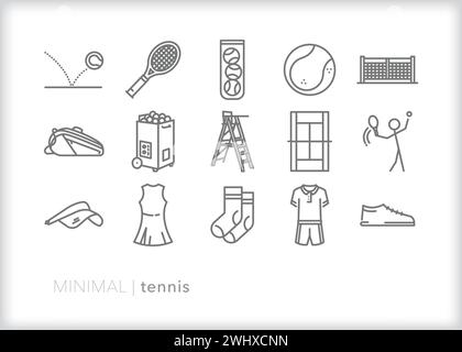 Ensemble d'icônes de ligne de tennis pour l'athlète ou amateur passionné jouant dans un terrain de parc public ou un country club. Illustration de Vecteur