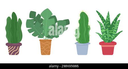 Ensemble d'éléments décoratifs pour la décoration intérieure. Cactus en pot et plantes exotiques. Décorations pour la maison. Illustration vectorielle plate. Illustration de Vecteur