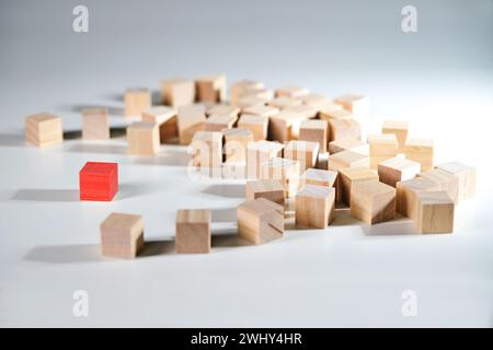 Se démarquer de la foule, un seul cube rouge et un groupe de cubes en bois clair, concept pour être différent, intégration sociale Banque D'Images