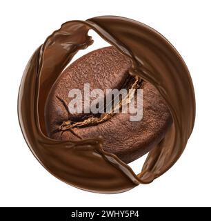 Grain de café avec éclaboussure de chocolat isolé sur fond blanc Banque D'Images