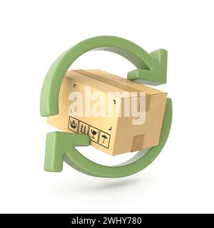 Boîte en carton avec deux flèches vertes 3D. Banque D'Images