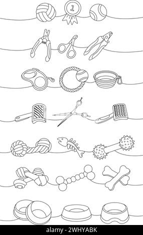 Assortiment de fournitures pour animaux domestiques. Oreiller de couchage, jouet à mâcher, jouets de balle, médaille, ciseaux, coupe-ongles, brosse, décapant de fourrure, aquarium, porte-sac à dos Illustration de Vecteur