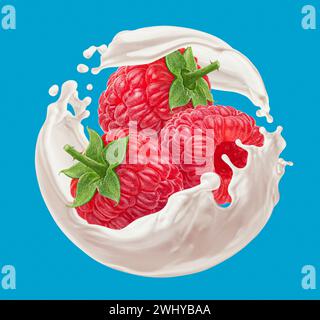 Framboise avec éclaboussure de lait sur fond blanc bleu Banque D'Images