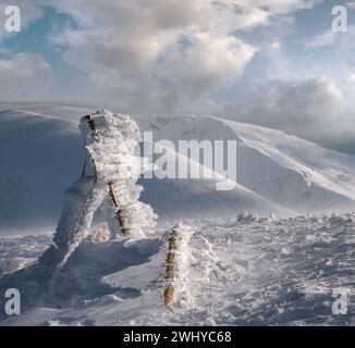 Panneau enneigé et montagnes d'hiver dans la lumière du soleil de la dernière soirée. Magnifique crépuscule venteux sur les sommets au-dessus du pittoresque SK alpin Banque D'Images