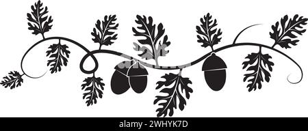 Branche de chêne avec des glands illustration isolée sur fond blanc, vecteur. Branche de chêne avec silhouette de glands. Design artistique minimaliste noir et blanc. Illustration de Vecteur