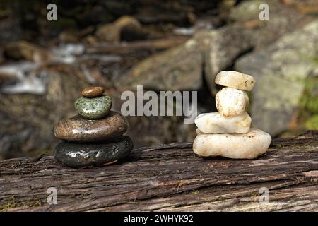 Deux piles de petits rochers sur une bûche. Banque D'Images