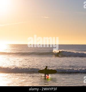 Personnes, surf, Campus point, UCSB, Early Morning Light, culture du surf en Californie, belles vagues, style de vie côtier Banque D'Images