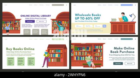 Ensemble de conception de page Web pour publicité en ligne dans une bibliothèque Illustration de Vecteur