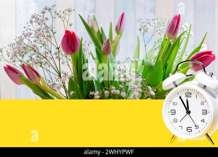 Tulipes et petites fleurs blanches (gypsophila paniculata) pour la fête des mères. Bordure de tulipe avec espace de copie Banque D'Images