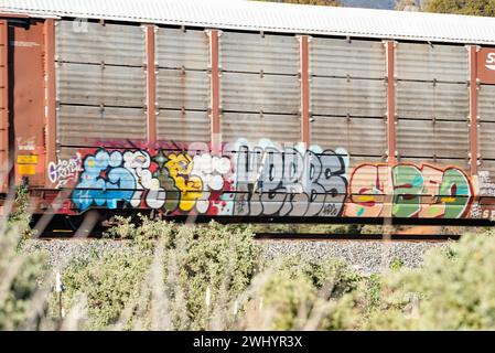 Graffiti, train de fret, Santa Barbara, Art urbain, Street Art, coloré, voitures de train, chemin de fer, Art graffiti, paysage urbain, art public Banque D'Images