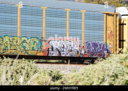 Graffiti, train de fret, Santa Barbara, Art urbain, Street Art, coloré, voitures de train, chemin de fer, Art graffiti, paysage urbain, art public Banque D'Images