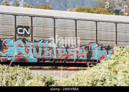 Graffiti, train de fret, Santa Barbara, Art urbain, Street Art, coloré, voitures de train, chemin de fer, Art graffiti, paysage urbain, art public Banque D'Images