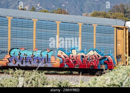 Graffiti, train de fret, Santa Barbara, Art urbain, Street Art, coloré, voitures de train, chemin de fer, Art graffiti, paysage urbain, art public Banque D'Images