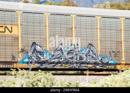 Graffiti, train de fret, Santa Barbara, Art urbain, Street Art, coloré, voitures de train, chemin de fer, Art graffiti, paysage urbain, art public Banque D'Images