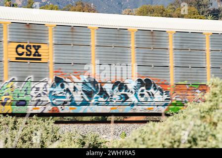 Graffiti, train de fret, Santa Barbara, Art urbain, Street Art, coloré, voitures de train, chemin de fer, Art graffiti, paysage urbain, art public Banque D'Images